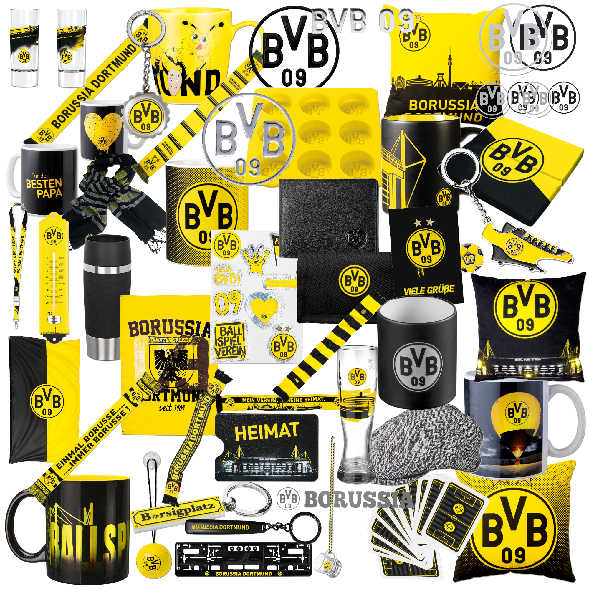 Borussia Dortmund BVB Fanartikel Tasse Schal Kissen Cap Karte Aufkleber  Anhänger