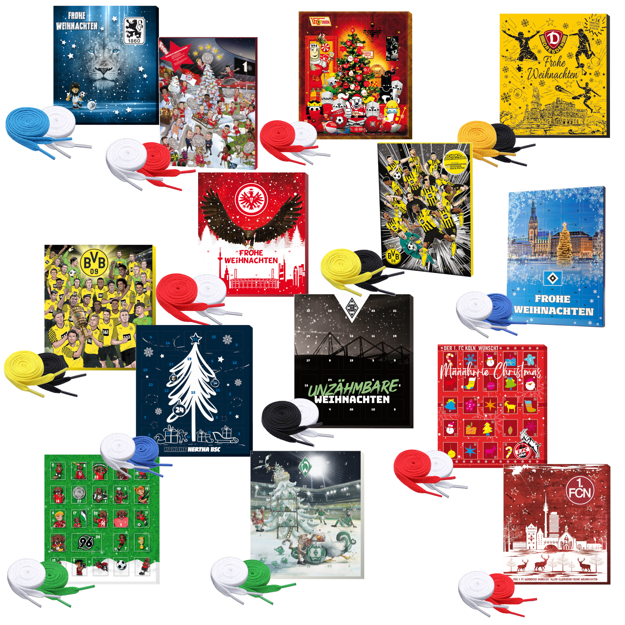 Weihnachtskalender Adventskalender 1./2. Bundesliga & 3. Liga 2022 + Fan-Schnürsenkel